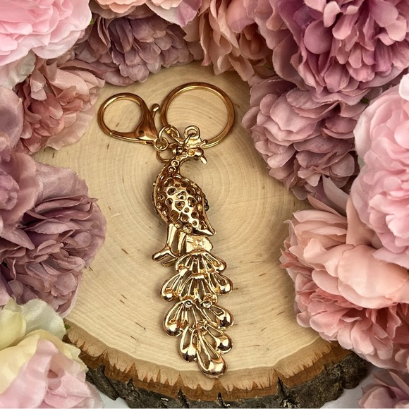 Beautiful Golden and Pink Crystal Peacock Keychain Charm - Picture 11 of 15